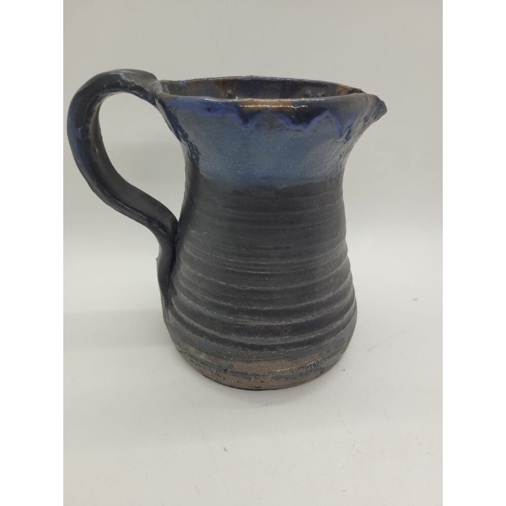 VTG Handcrafted Ceramic Pottery Pitcher Signed J Foltz Blue Black Glaze 5.5" - Picture 2 of 6